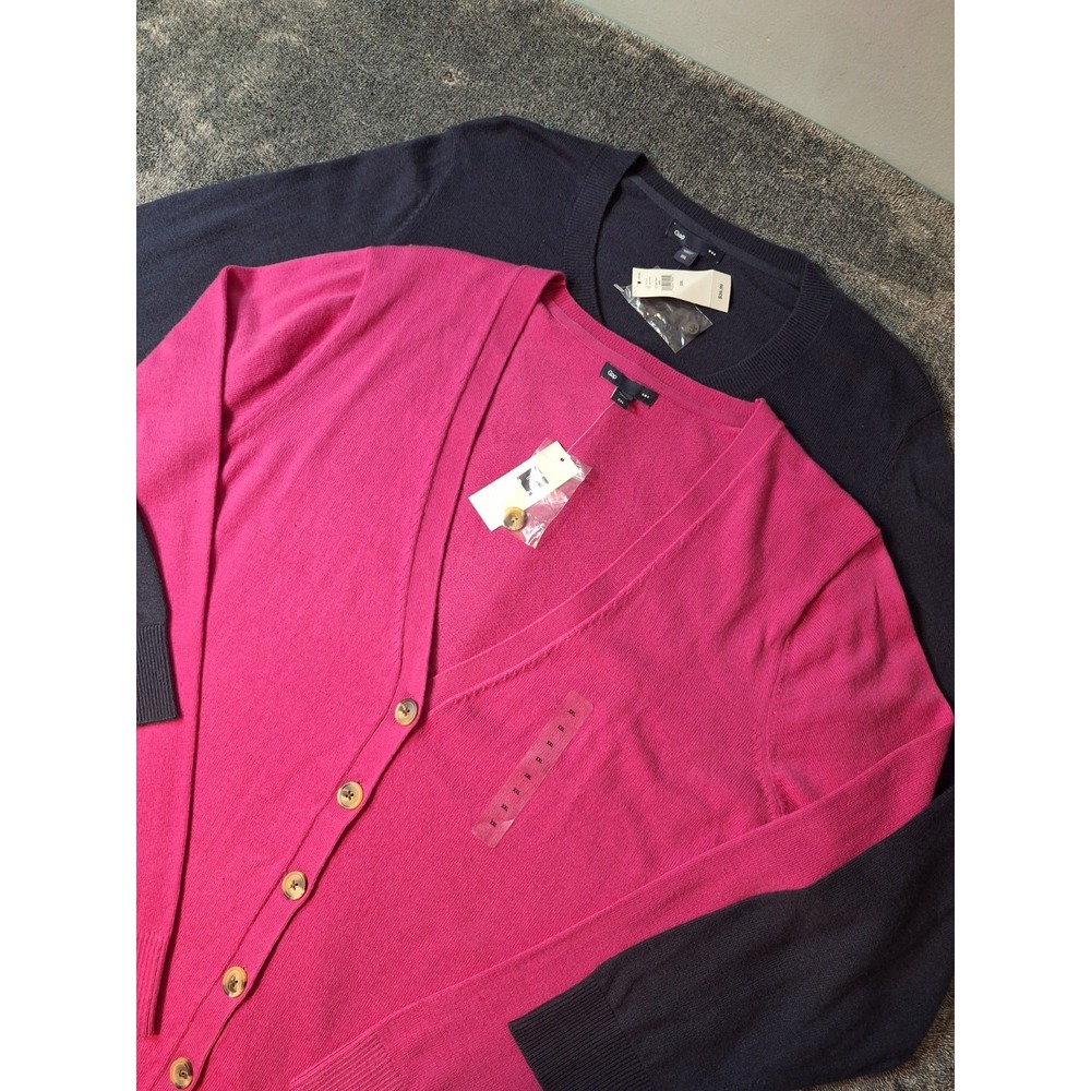 2 Pc Lot GAP Button Up Cardigan Sweaters Womens XXL Hot Pink Navy Classic Preppy